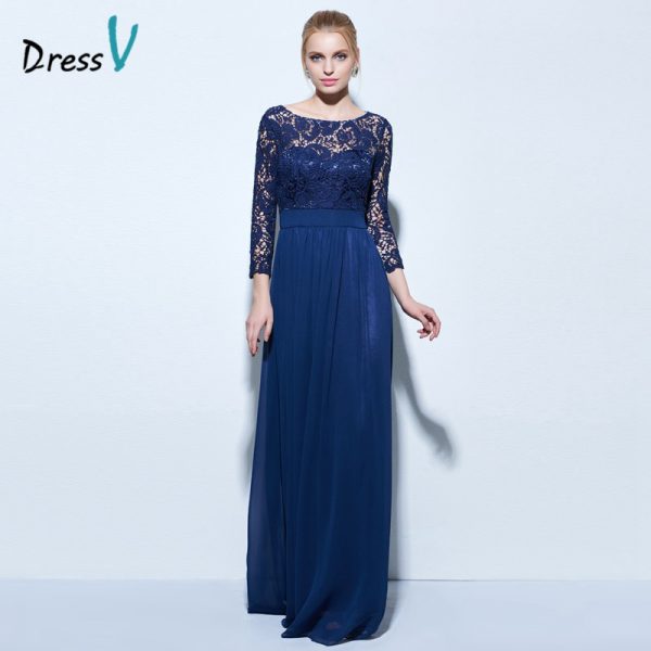 Dressv boat neck A-line lace evening dress dark navy 3/4 length sleeves zipper up long evening dress chiffon formal party dress