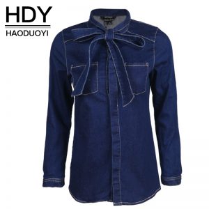 HDY Haoduoyi Single Breasted Long Sleeve Slim Blouse Solid Blue Bow Tie Boyfriend Denim Shirt Turn Down Collar Casual Basic Top