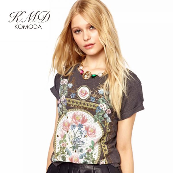 KMD KOMODA Women T-shirt 3Color Crew Neck Short Sleeve Vintage Elegant Harajuku Tee Summer Hipster Floral Print Sweet Female Top