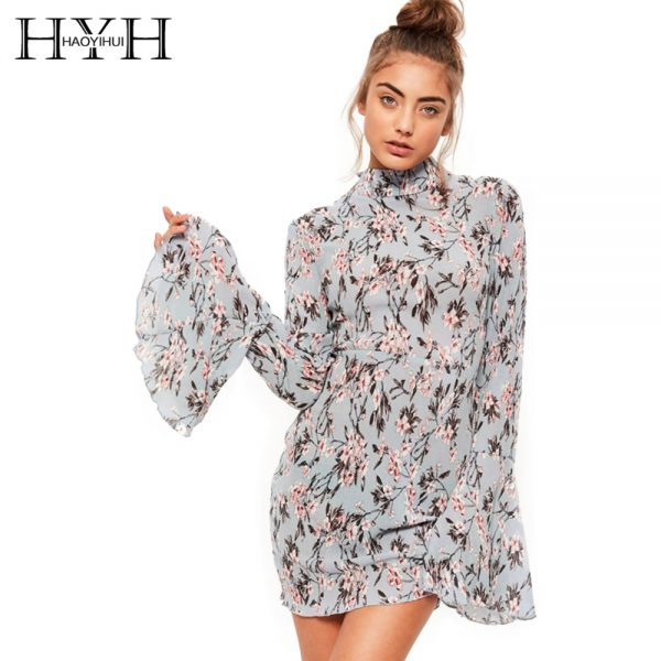 HYH HAOYIHUI Floral Print Women Dress Long Flare Sleeve High Collar Casual Vestidos Back Tie Streetwear Sweet Mini Dress