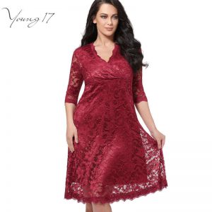Young17 Plus Size Lace Dress Women Sexy V-Neck Half Sleeve A-line Party gown Knee-Length large size dress Plus Size Lace Dresses