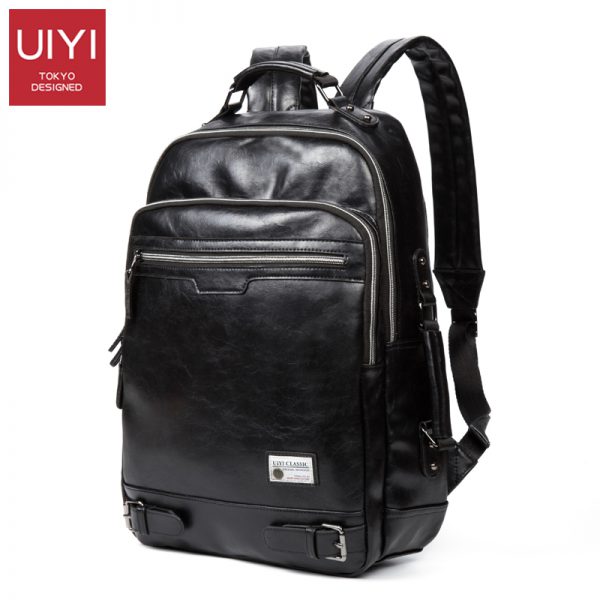 UIYI Men's New Black shoulder backpack PU soft Male Backpack Leisure Men Zipper 14-inch Laptop Bags Multi-pocket