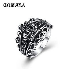 GOMAYA Mens Crown Rings Black Royal King Crown Knight Fleur De Lis Cross Vintage Rings for Men Jewelry