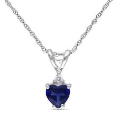 10k White Gold Diamond & 3/5 CT Blue Sapphire Heart Love Pendant Necklace Chain