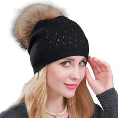 Winter Wool Women Beanies Rivets Decoration Pompon Fur Hats Fashion Natural Raccoon Fur Caps Female Warm Cashmere Knitted Hat