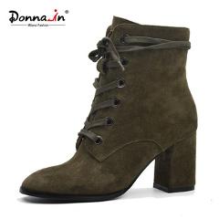 Donna-in  2017 new arrivals  cow suede leather women boots high heel lace-up martin boots square toe thick heel ankle boots