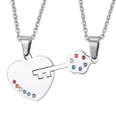 Vnox Key Couples Necklace Pendant Sets Rainbow LGBT Jewelry Stainless Steel