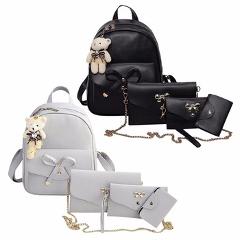 4Pcs/Set PU Leather Women Backpack Cute Bow School Bags For Teenage Girls Backpacks Fashion Chains Shoulder Bag Purse Sac A Dos