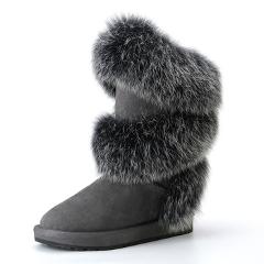 INOE new style fashion real fox fur women high winter flats snow boots cow suede leather winter shoes black grey high quality