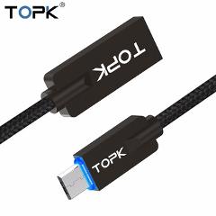 TOPK LED Light Micro USB Cable Zinc alloy Nylon Braided USB 2.0 Fast Data Sync Charging Cable for Micro USB Port Phone