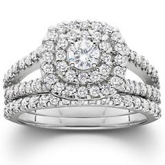 1 1/10ct Cushion Halo Diamond Engagement Wedding Ring Set White Gold Woven