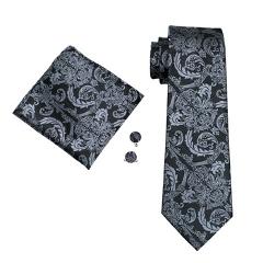 LS-822 Mens Tie Black Paisley 100% Silk Classic Barry.Wang Tie Hanky Cufflinks Set For Men Formal Wedding Party Groom Hot Sell