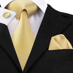 SN-1540 High Quality Royal Yellow Geometric Ties for Men Silk Fabric Necktie Hanky Cufflinks Set Jacquard Woven Gravatas on Sale