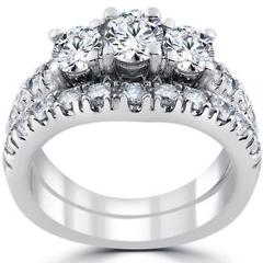 1 1/2 ct 3-Stone Diamond Engagement Ring Matching Wedding Band Set White Gold
