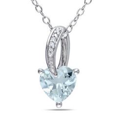 Sterling Silver Aquamarine and Diamond Accent Heart Pendant Necklace 18"