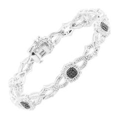 Station Bracelet with Black & White Diamonds in Sterling Silver-Plated Brass
