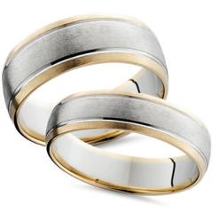 Two Tone 14k White & Yellow Gold Matching Wedding Ring Set His Hers Brushed Band