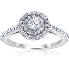 3/4ct Double Halo Round Genuine Solitaire Diamond Engagement Ring 10K White Gold
