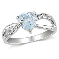 Sterling Silver 1.551 Ct Diamond & Aquamarine Swivel Crossover Heart Love Ring