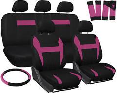 Car Seat Covers Pink Black 17pc Set for Auto w/Steering Wheel/Belt Pad/Head Rest