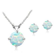 925 Silver 1.8ct Created Opal Solitaire Necklace & Stud Earring Set