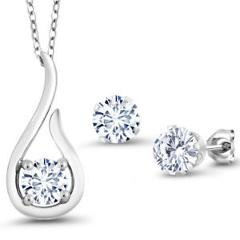 1.65 Ct White Created Moissanite 925 Silver Pendant Earrings Set with 18" Chain