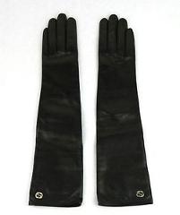 Gucci Black Leather Arm Length Gloves w/Large Gold Interlocking G 323028 1000