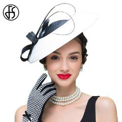 FS Fascinators Black And White Patchwork Pillbox Hat For Weddings Dress Women Straw Fedora Vintage Ladies Sinamay Base Hats