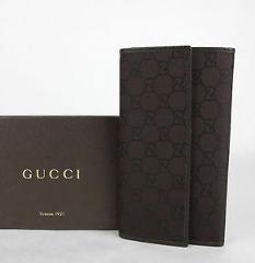 $495 New Gucci Cocoa Brown GG Nylon/Leather Tri-fold Clutch Wallet 257303 2038