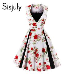 Sisjuly vintage dress 1950s style sleeveless floral color block patchwork print mid-calf elegant female vintage dresses 2017 new