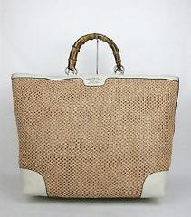 $1455 NEW Authentic GUCCI Top Handle Bamboo Straw Tote Beige Large 338964 8561