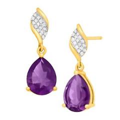 3 1/8 ct Pear-Cut Natural Amethyst Drop Earrings with Diamonds 10k Yellow Gold