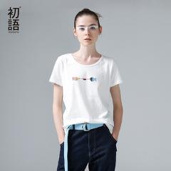 Toyouth 2017 Women Summer Simple T-Shirts Embroidery Fish Pattern O-Neck Basic T-Shirts Female Loose Casual Tees White Color