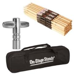 On Stage HN5B Hickory High Quality Drum Sticks 12 Pair + Drum Tunning Key & Bag
