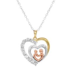 14K Gold over Sterling Silver Mother and Child Diamond Heart Pendant- Necklace