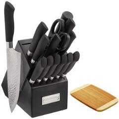 Cuisinart Artisan 15 Pc Stainless Steel Knife Set w/ Block+Bamboo Cutting Board