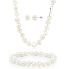 Cultured Freshwater White Pearl 925 Silver Necklace Earrings Bracelet Set