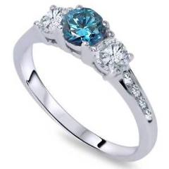 1 Carat Three Stone Treated Blue & White Diamond Ring 14K White Gold