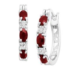 1 1/2 ct Natural Garnet Hoop Earrings with Diamonds Platinum over Brass