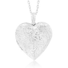 Locket Pendant Necklace Charm 1.5" Engraved Flowers Heart Shape + 28 Inch Chain