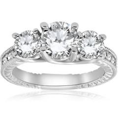G/SI 2 1/2ct Vintage Three Stone Diamond Engagement Ring 14K White Gold Enhanced