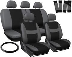 Car Seat Covers Gray Black 17pc Set for Auto w/Steering Wheel/Belt Pad/Head Rest