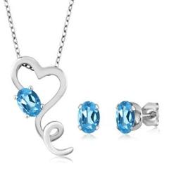 2.45 Ct Blue Topaz Heart Shape Pendant Earrings 925 Sterling Silver Set 18"