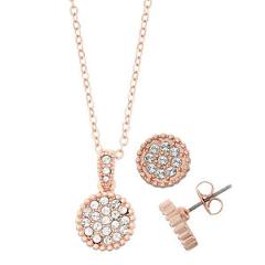 14K Rose Gold Plated Circle White Pave Crystal Filled Necklace and Earring Set