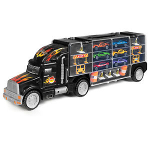 Kids 2-Sided Transport Car Carrier Semi Truck Toy With 18 Cars And 28 Slots