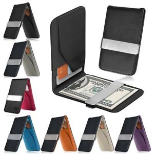 Mens Genuine Leather Silver Money Clip Slim Wallets Black ID Credit Card Holder