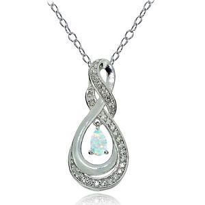 925 Silver Created White Opal and White Topaz Infinity Twist Teardrop Necklace