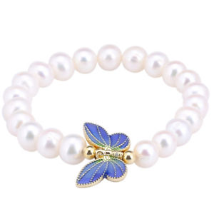 8-9mm Cultured Freshwater Pearl 18K Gold Plated Butterfly Cloisonne Bracelet