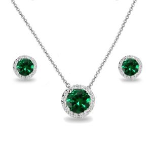 925 Silver Simulated Emerald and White Topaz Round Halo Necklace & Earrings Set