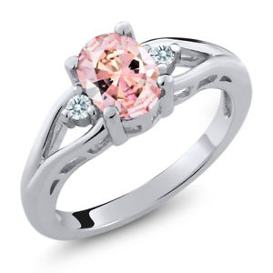 925 Silver Solitaire Ring 8x6mm Set with Morganite Peach Zirconia from Swarovski